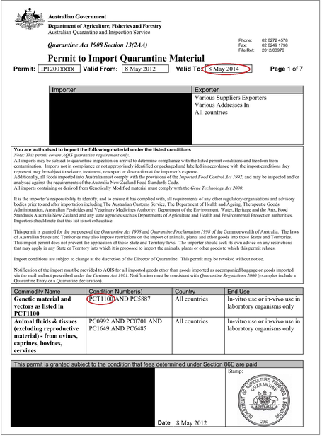 Example of Australian import permit