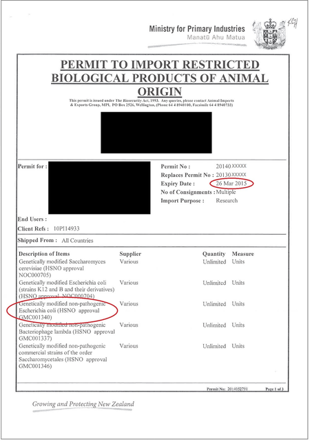 Example of New Zealand import permit